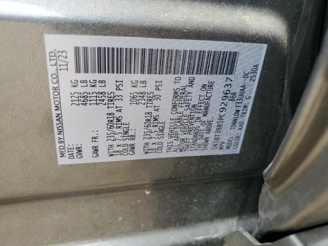 2023 NISSAN ROGUE SV VIN:5N1BT3BB5PC929637