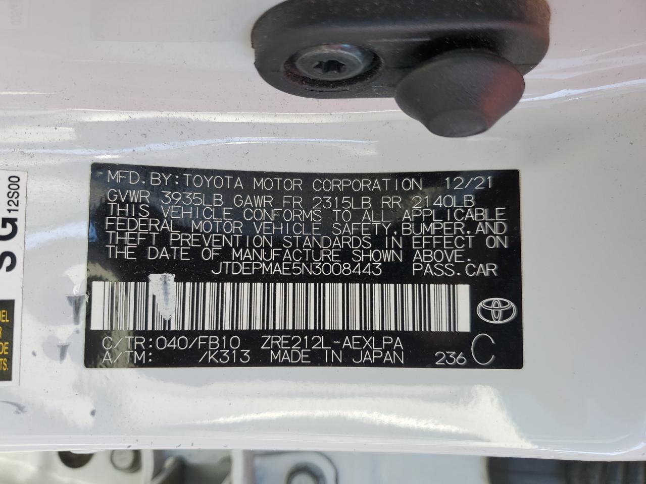 2022 TOYOTA COROLLA LE VIN:JTDEPMAE5N3008443