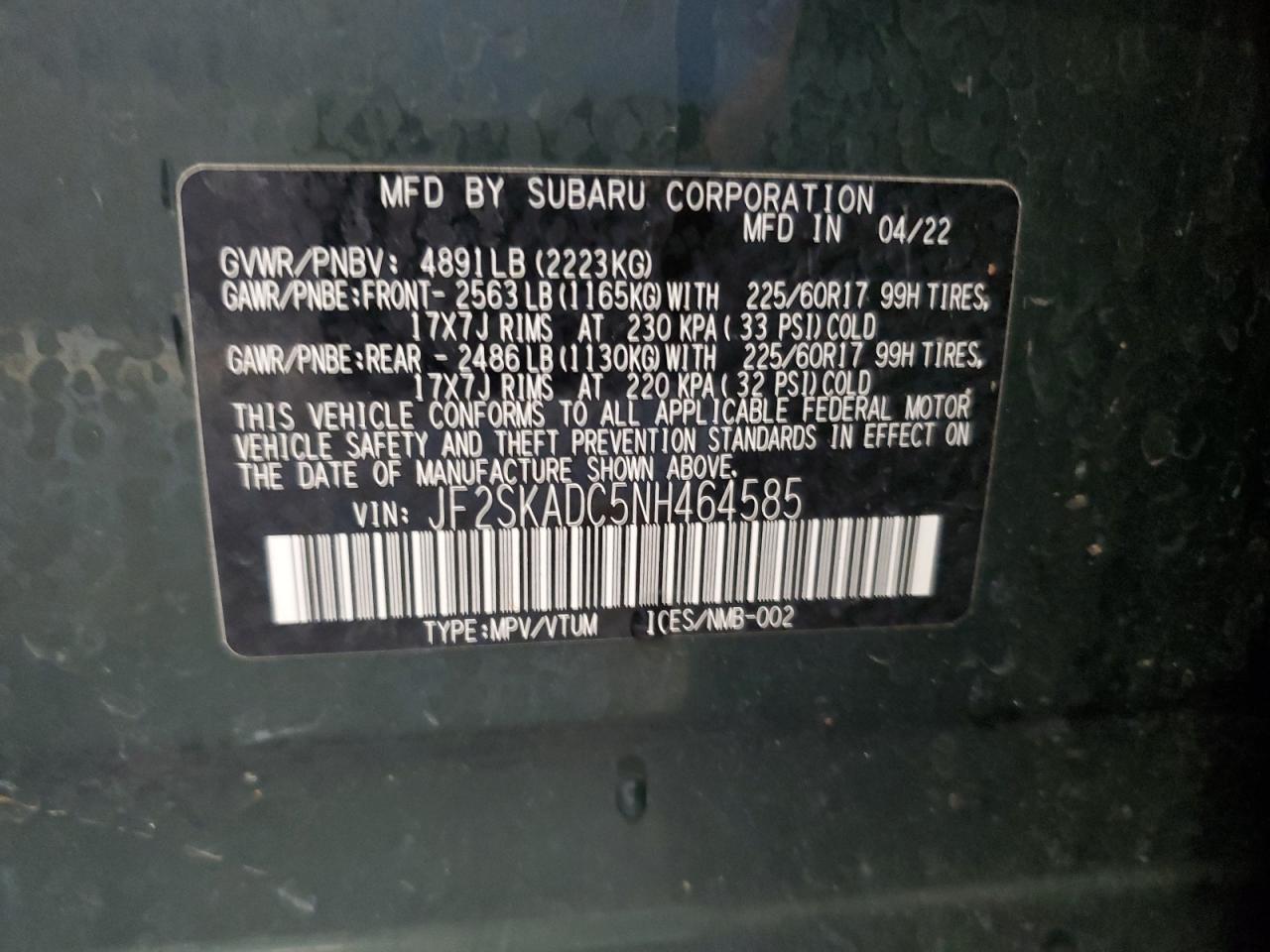 2022 SUBARU FORESTER PREMIUM VIN:JF2SKADC5NH464585