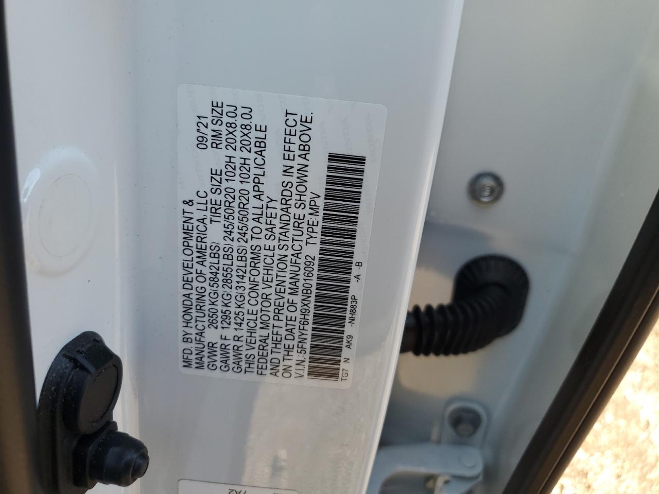 2022 HONDA PILOT TOURING VIN:5FNYF6H9XNB016092