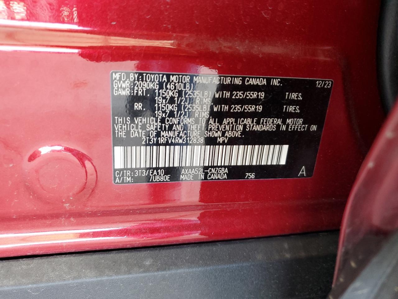 2024 TOYOTA RAV4 LIMITED VIN:2T3Y1RFV4RW312838