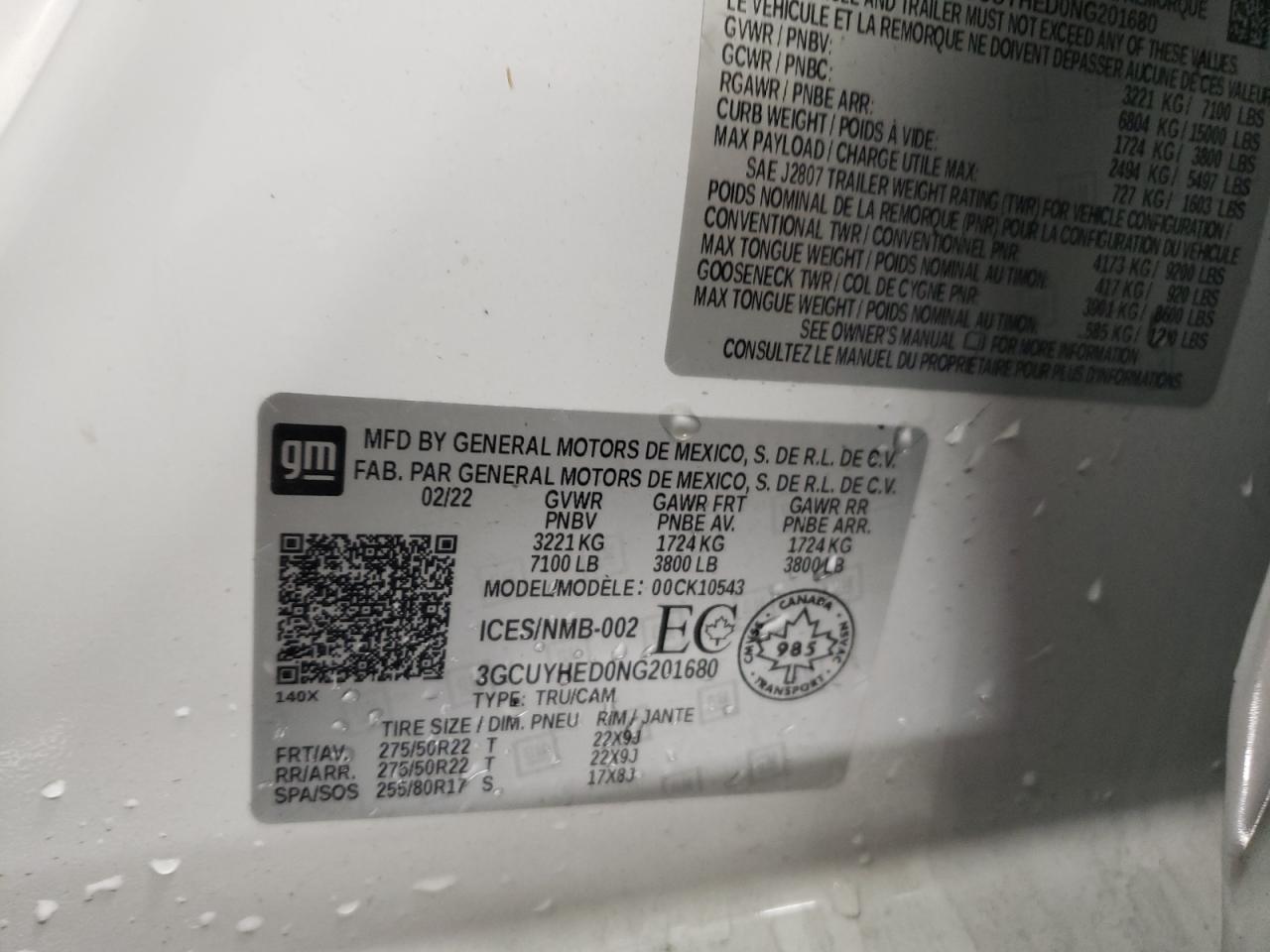 2022 CHEVROLET SILVERADO LTD K1500 HIGH COUNTRY VIN:3GCUYHED0NG201680