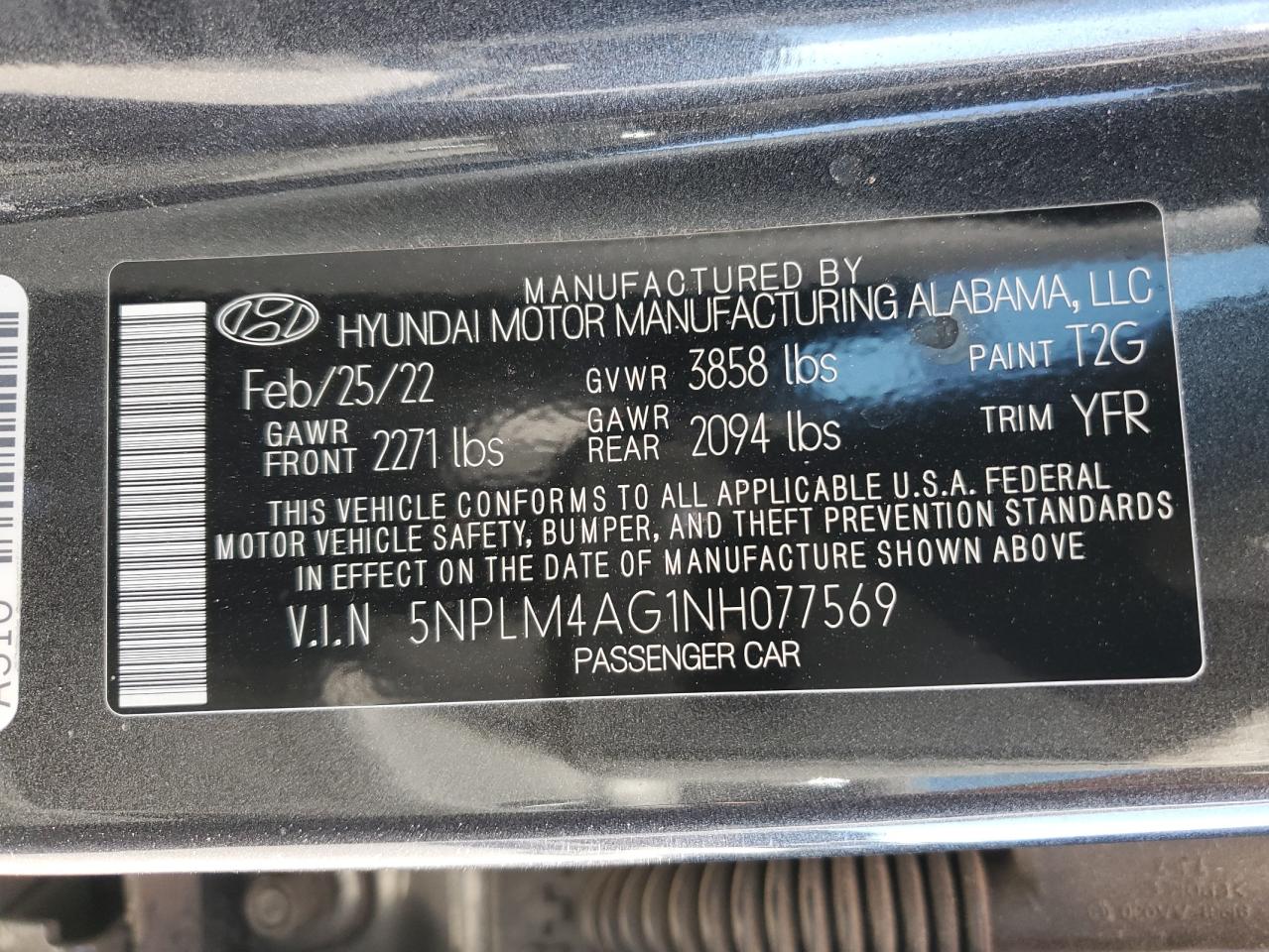 2022 HYUNDAI ELANTRA SEL VIN:5NPLM4AG1NH077569