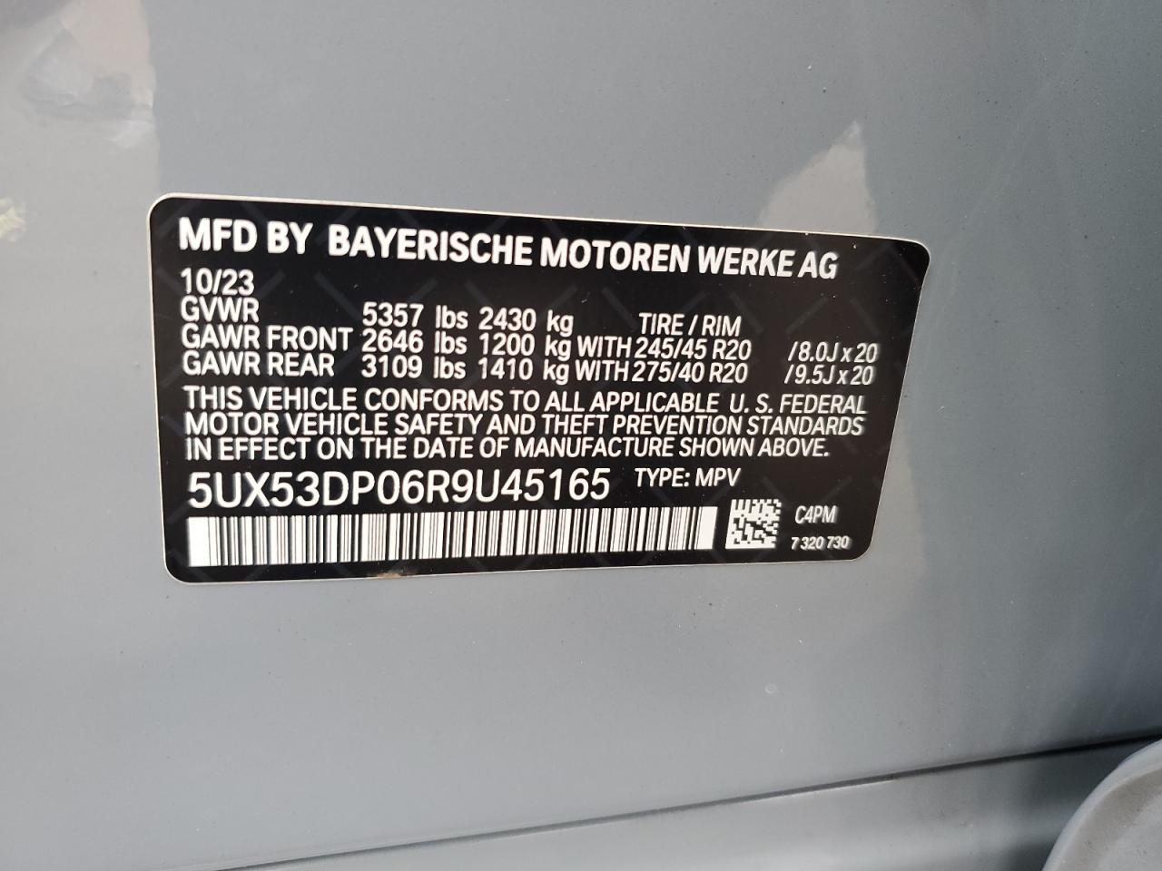 2024 BMW X3 XDRIVE30I VIN:5UX53DP06R9U45165