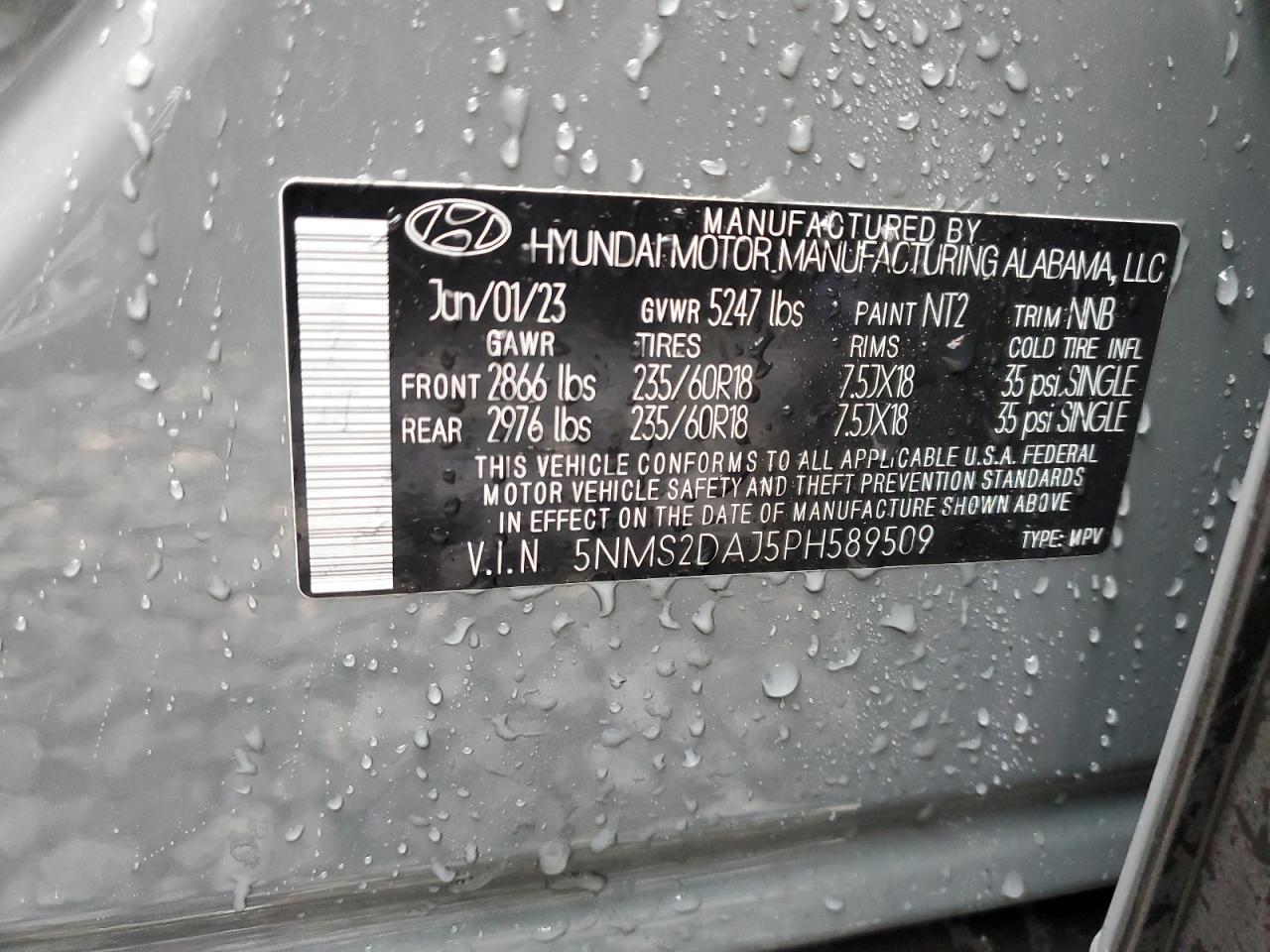 2023 HYUNDAI SANTA FE SEL VIN:5NMS2DAJ5PH589509