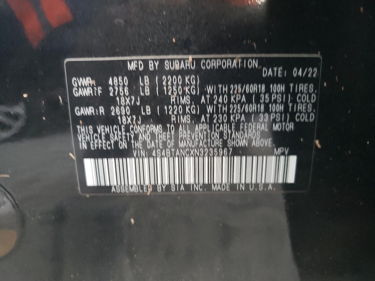 2022 SUBARU OUTBACK LIMITED VIN:4S4BTANCXN3235967