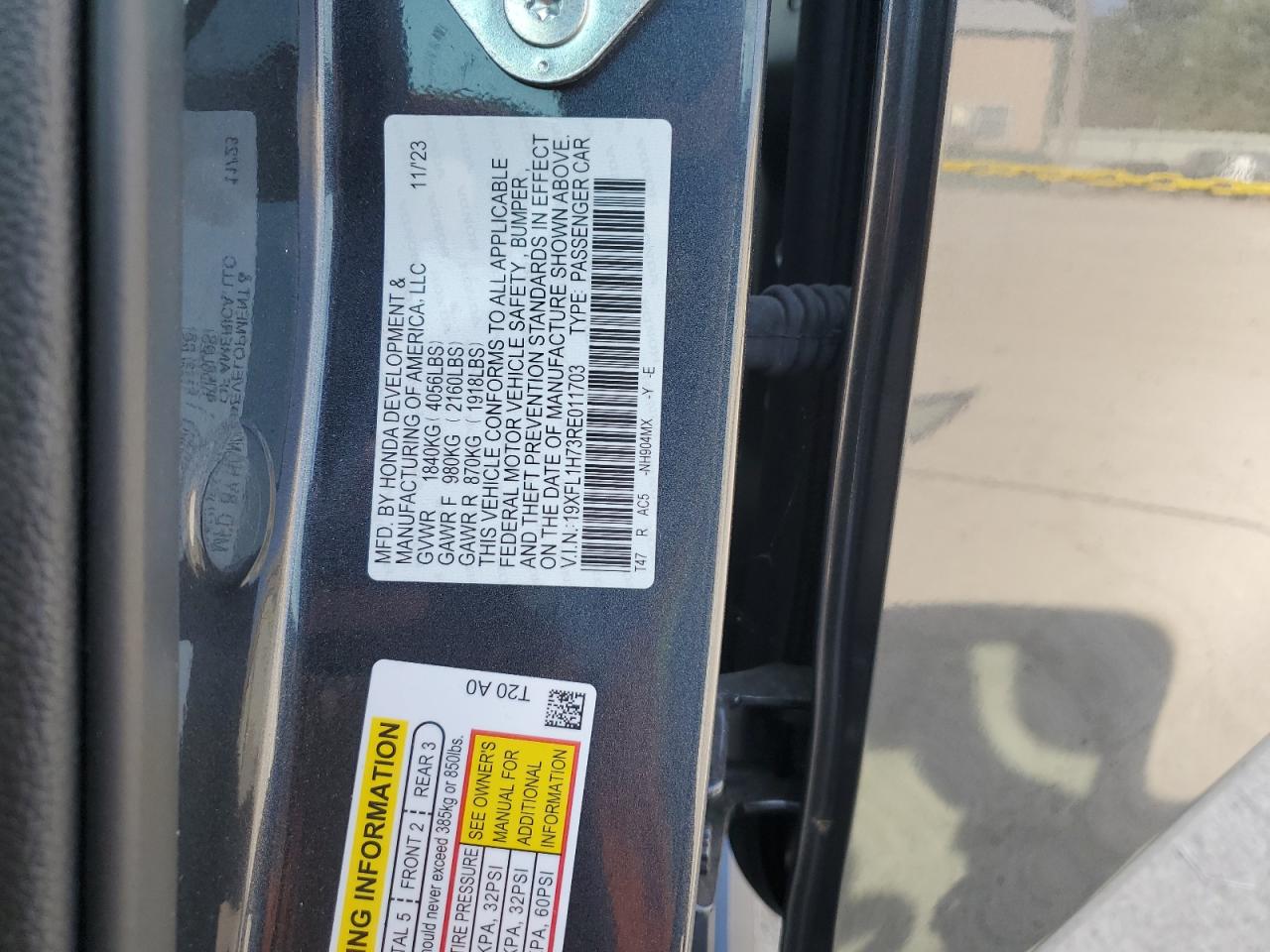 2024 HONDA CIVIC EXL VIN:19XFL1H73RE011703