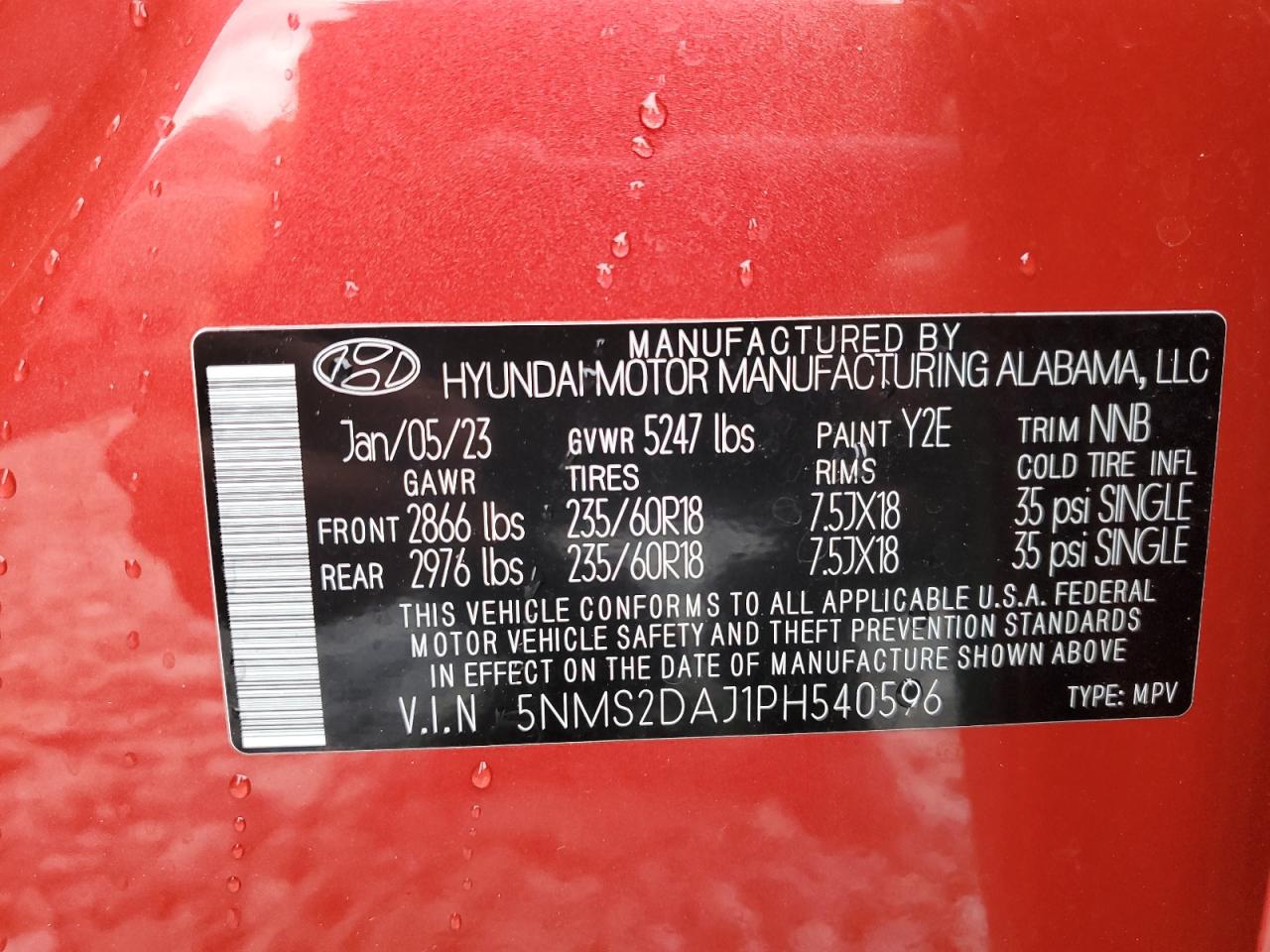 2023 HYUNDAI SANTA FE SEL VIN:5NMS2DAJ1PH540596