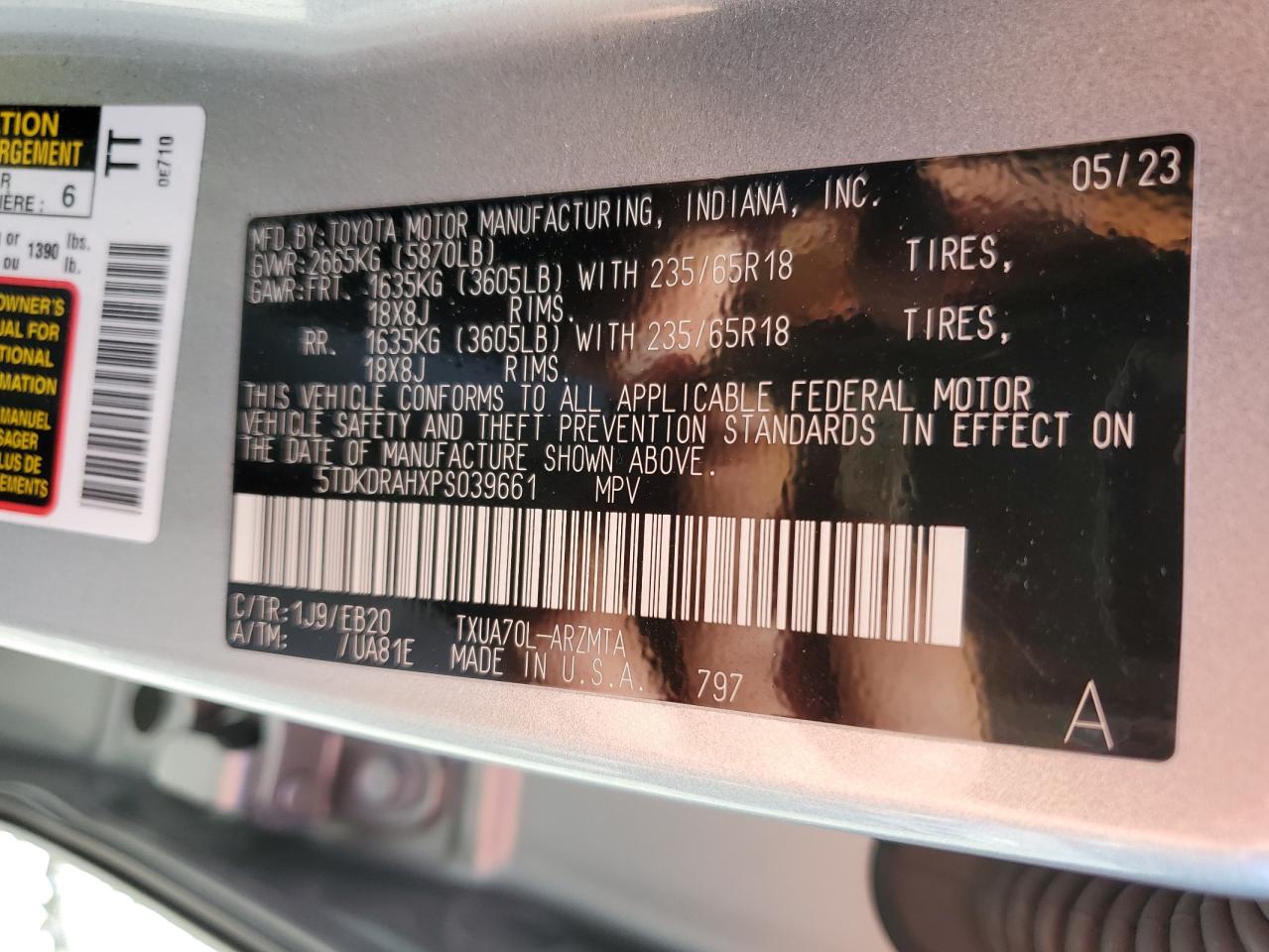 2023 TOYOTA HIGHLANDER L VIN:5TDKDRAHXPS039661