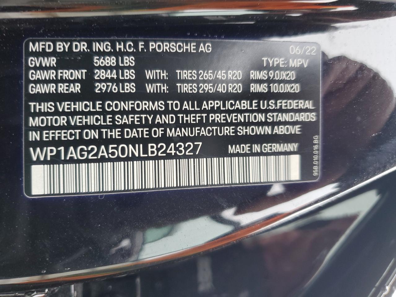 2022 PORSCHE MACAN S VIN:WP1AG2A50NLB24327