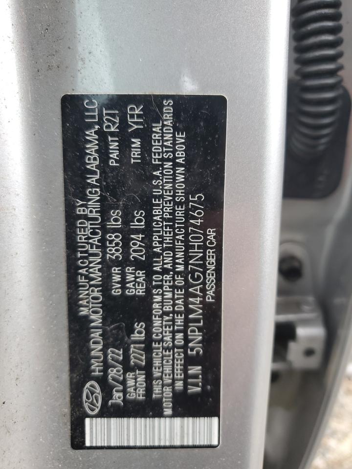 2022 HYUNDAI ELANTRA SEL VIN:5NPLM4AG7NH074675