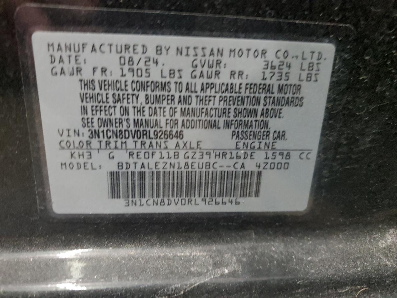 2024 NISSAN VERSA S VIN:3N1CN8DV0RL926646