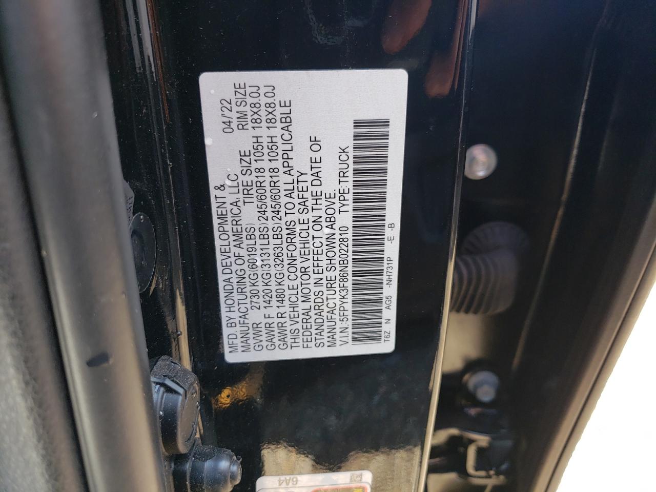 2022 HONDA RIDGELINE BLACK EDITION VIN:5FPYK3F86NB022810