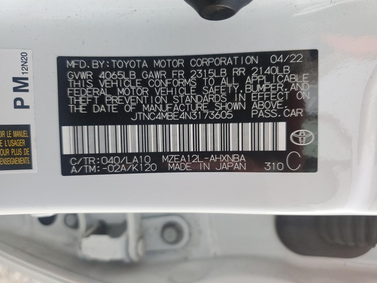 2022 TOYOTA COROLLA XSE VIN:JTNC4MBE4N3173605