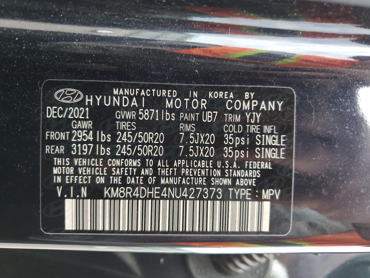 2022 HYUNDAI PALISADE SEL VIN:KM8R4DHE4NU427373