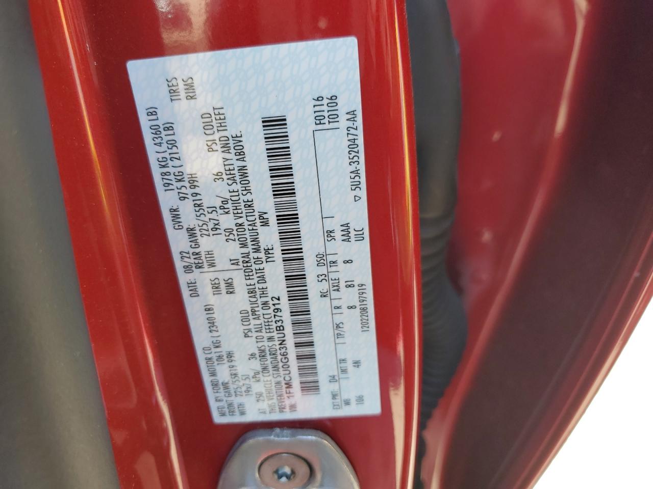 2022 FORD ESCAPE SE VIN:1FMCU0G63NUB37912