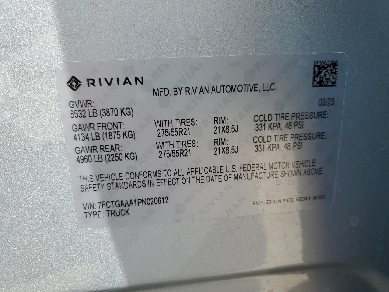 2023 RIVIAN R1T ADVENTURE VIN:7FCTGAAA1PN020612