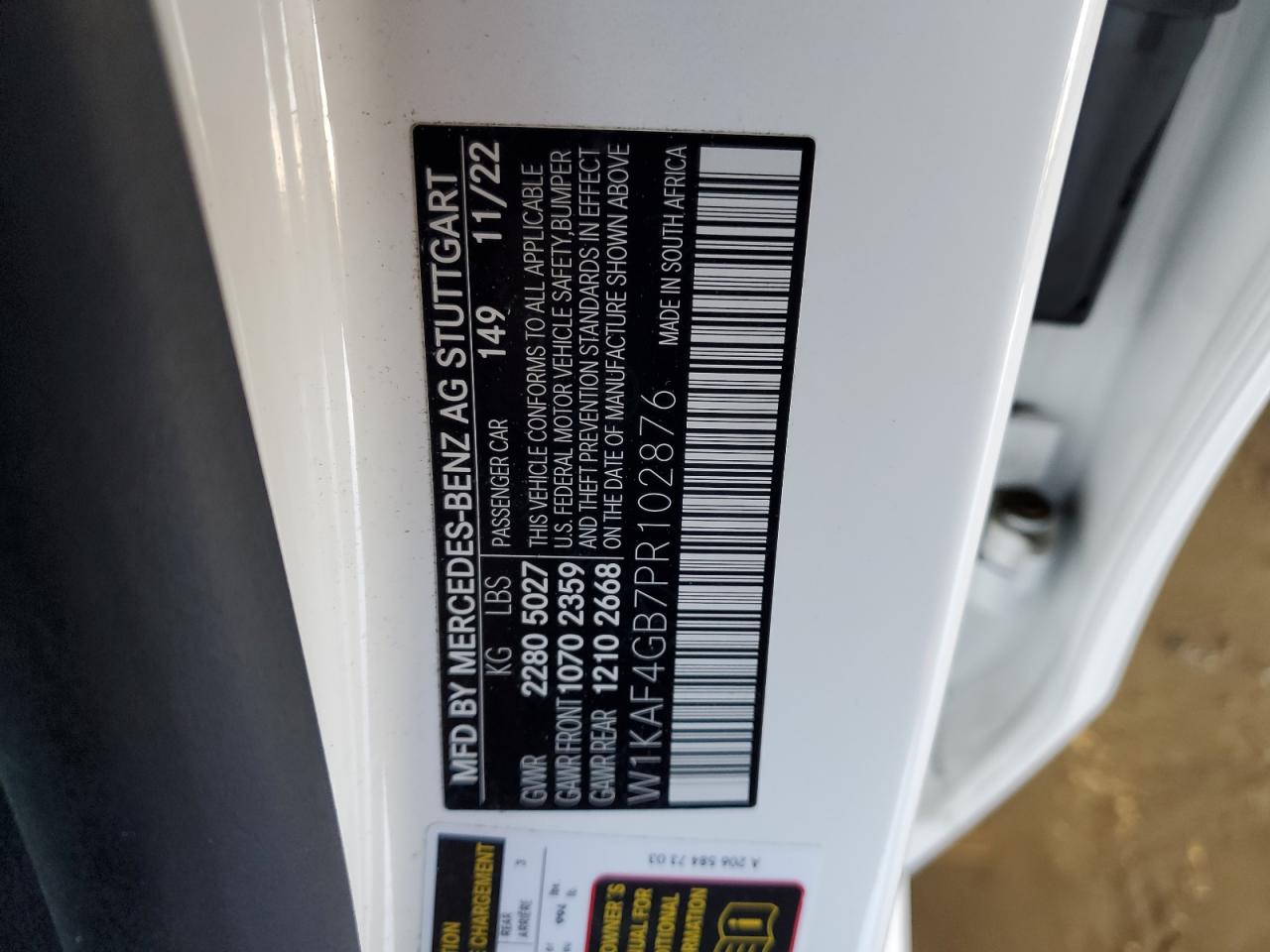 2023 MERCEDES-BENZ C 300 VIN:W1KAF4GB7PR102876