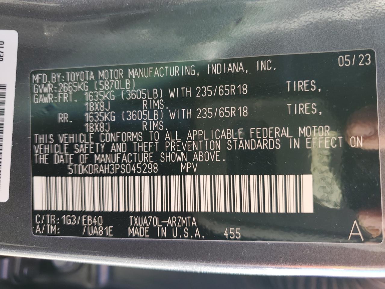 2023 TOYOTA HIGHLANDER L VIN:5TDKDRAH3PS045298