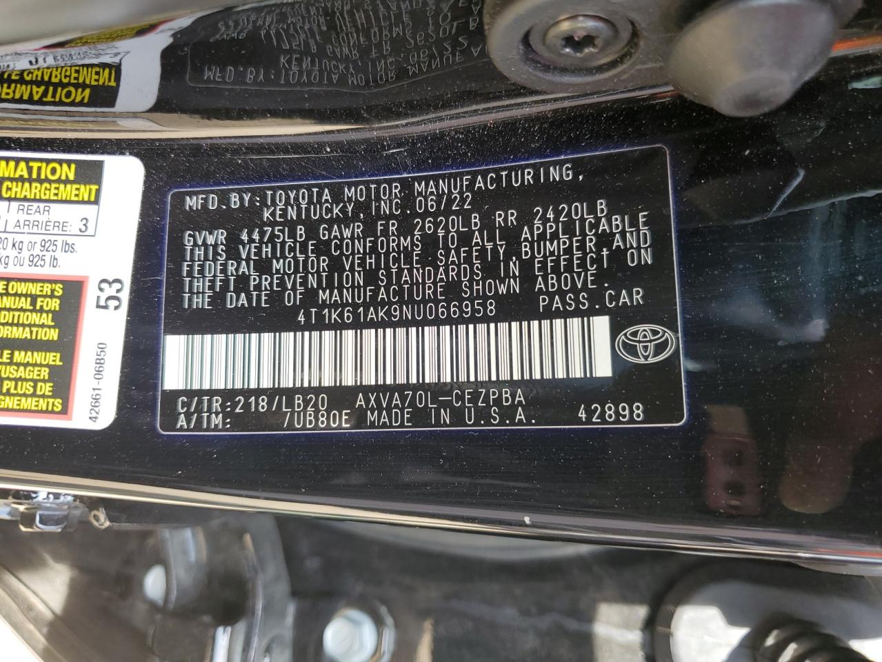 2022 TOYOTA CAMRY XSE VIN:4T1K61AK9NU066958