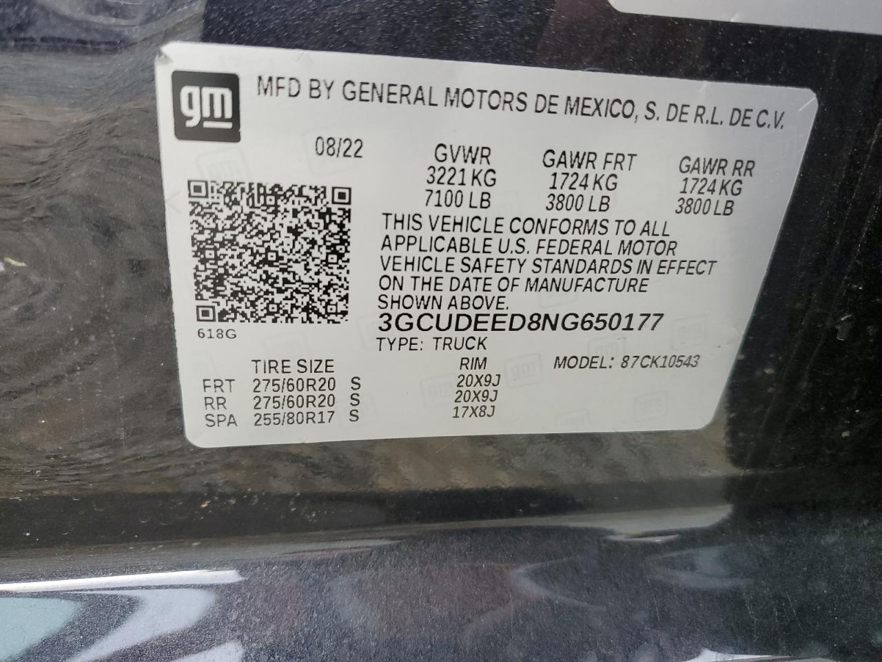 2022 CHEVROLET SILVERADO K1500 RST VIN:3GCUDEED8NG650177