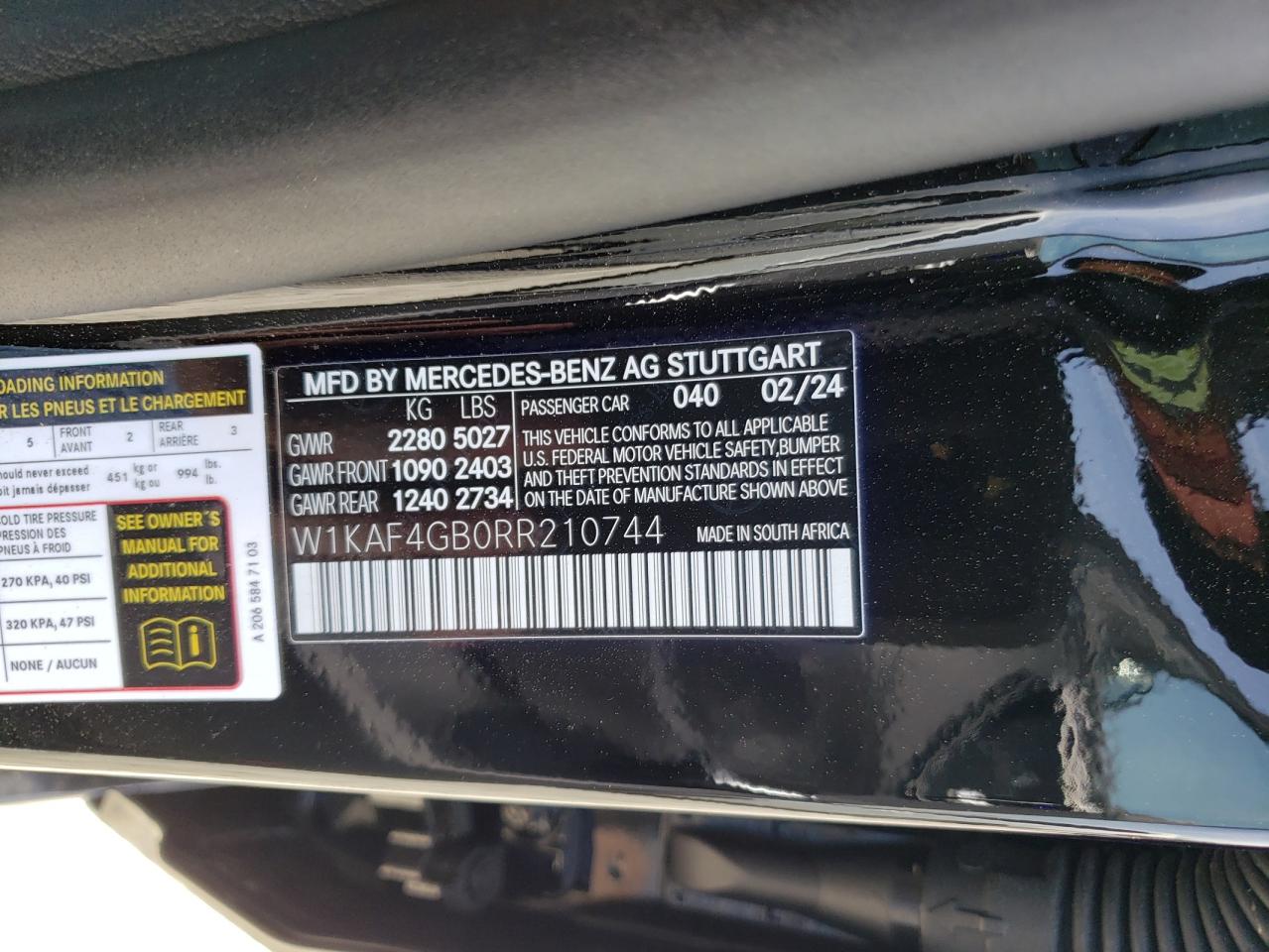 2024 MERCEDES-BENZ C 300 VIN:W1KAF4GB0RR210744