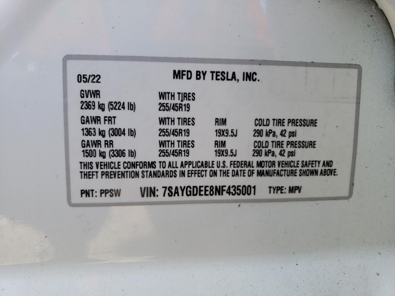 2022 TESLA MODEL Y  VIN:7SAYGDEE8NF435001