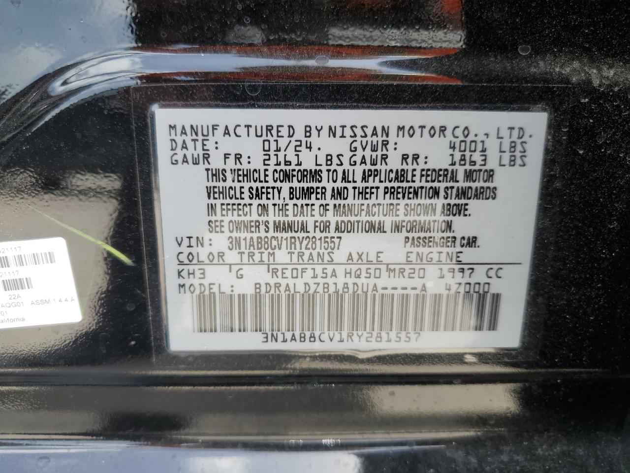 2024 NISSAN SENTRA SV VIN:3N1AB8CV1RY281557