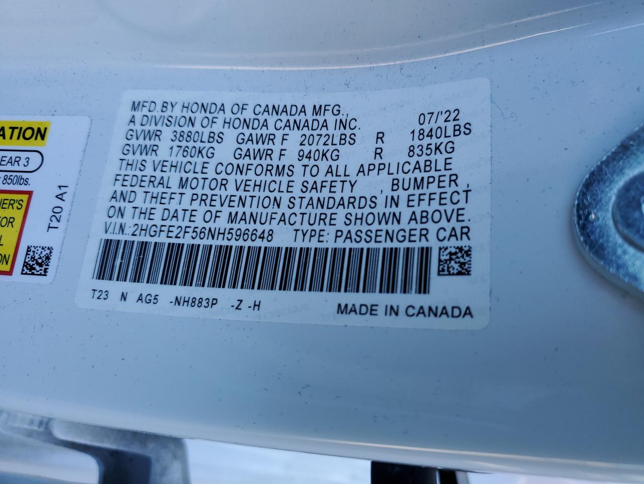 2022 HONDA CIVIC SPORT VIN:2HGFE2F56NH596648