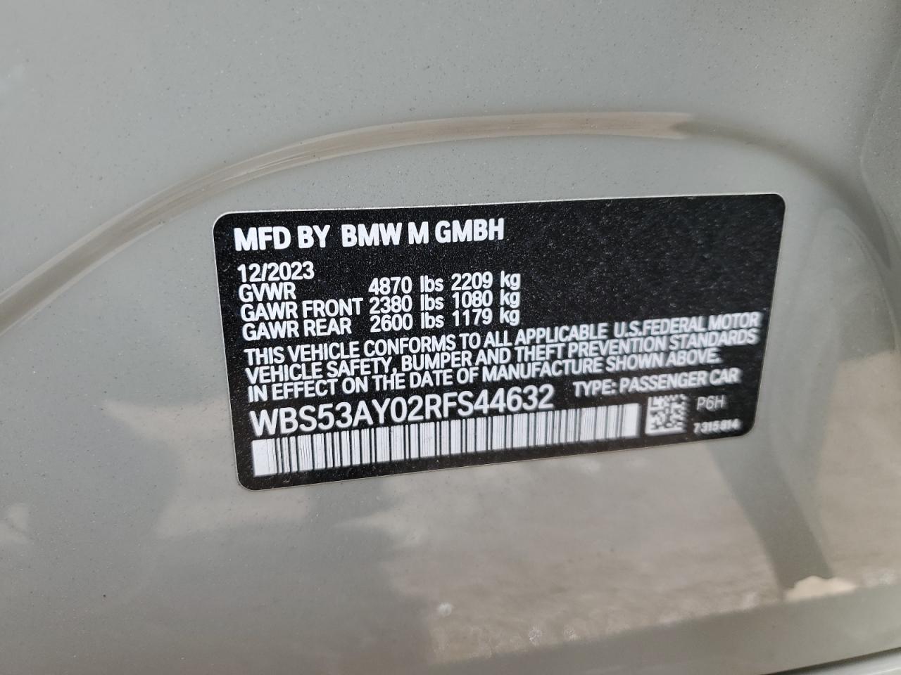 2024 BMW M3  VIN:WBS53AY02RFS44632