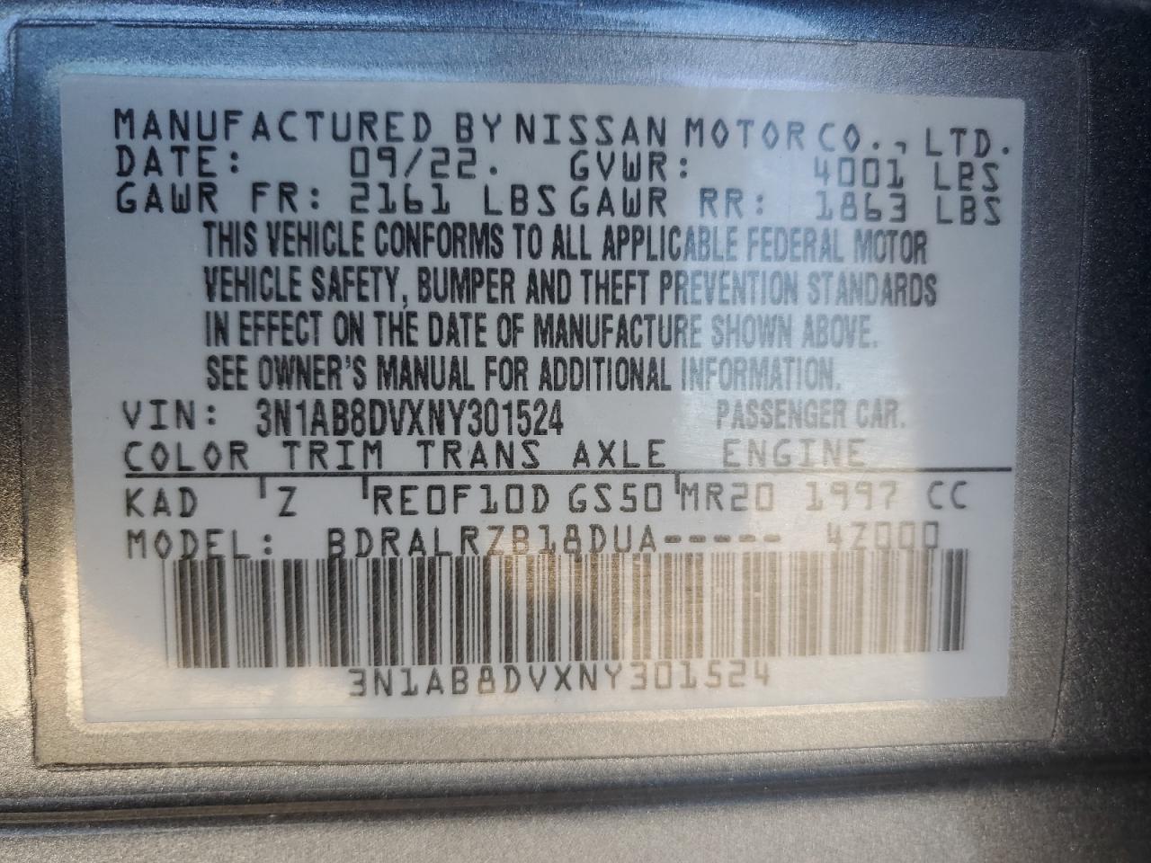 2022 NISSAN SENTRA SR VIN:3N1AB8DVXNY301524