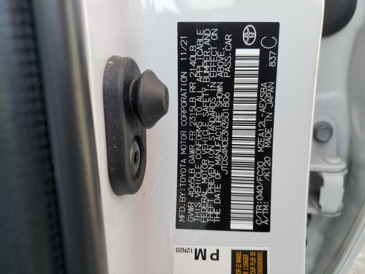 2022 TOYOTA COROLLA SE VIN:JTDS4MCE3N3501806