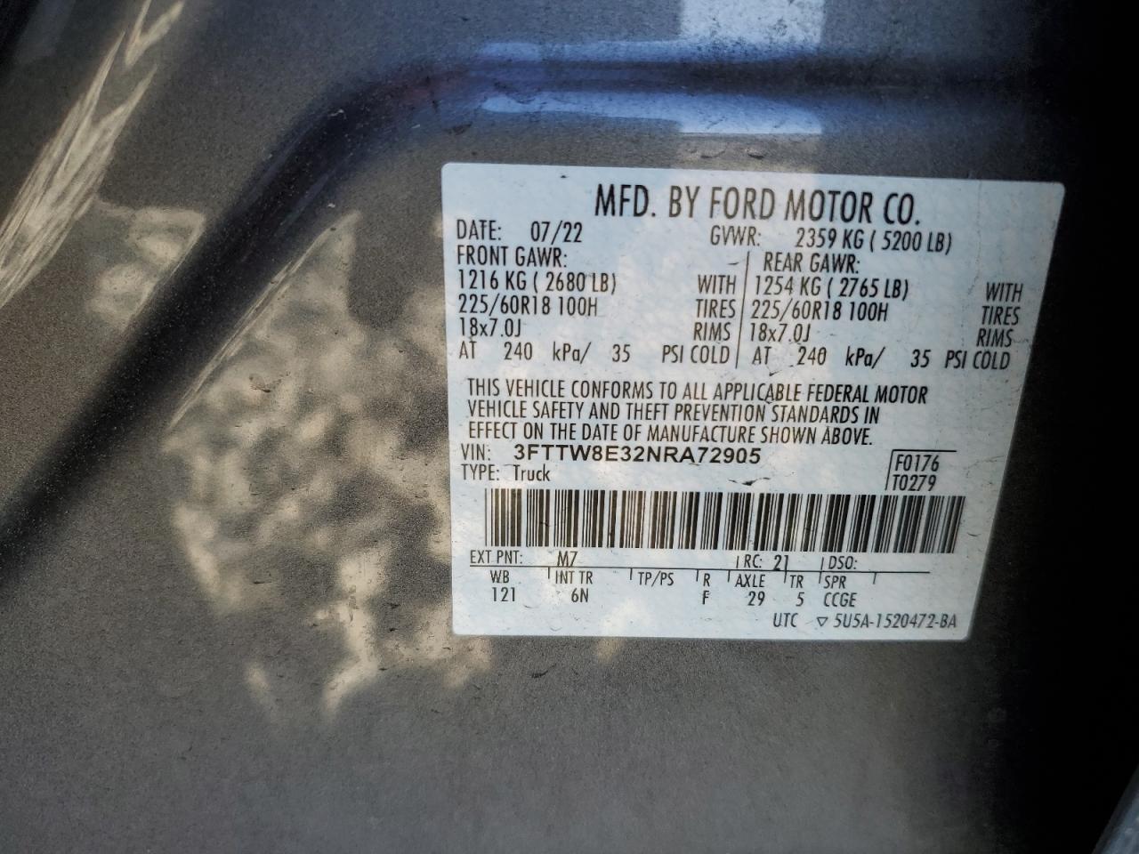 2022 FORD MAVERICK XL VIN:3FTTW8E32NRA72905