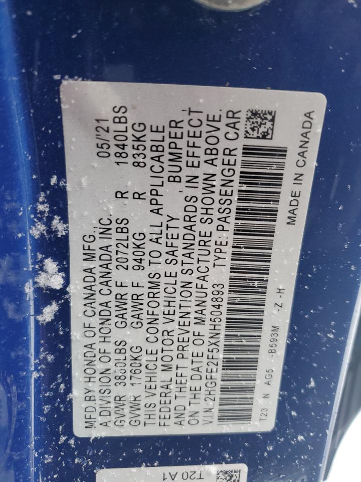 2022 HONDA CIVIC SPORT VIN:2HGFE2F5XNH504893