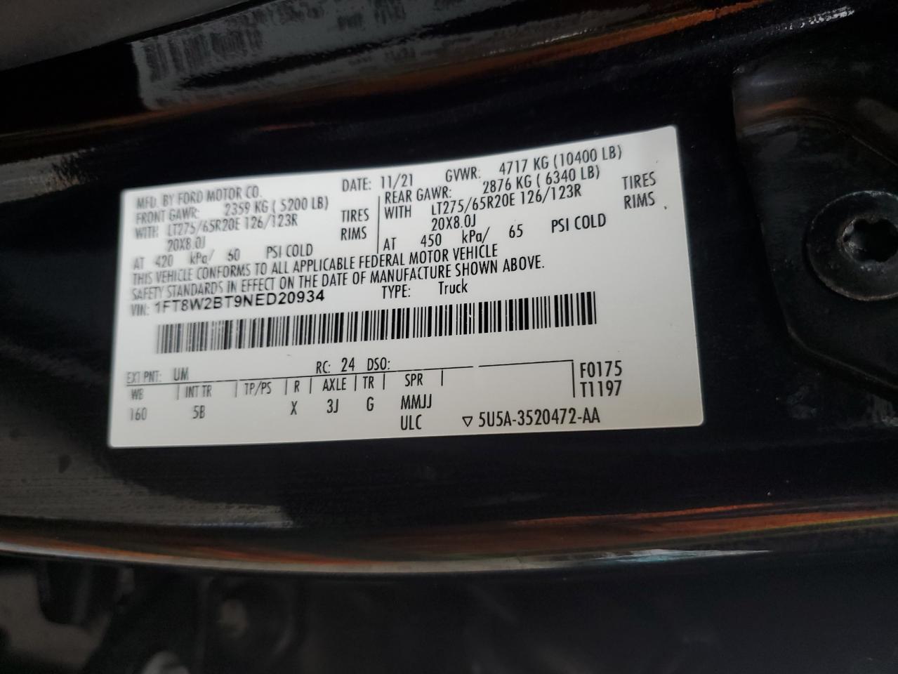 2022 FORD F250 SUPER DUTY VIN:1FT8W2BT9NED20934