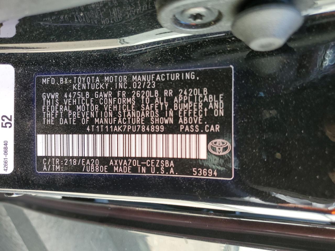 2023 TOYOTA CAMRY SE NIGHT SHADE VIN:4T1T11AK7PU784899