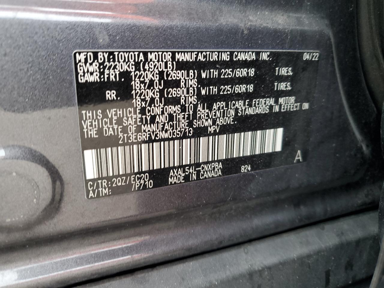 2022 TOYOTA RAV4 XSE VIN:2T3E6RFV3NW035713