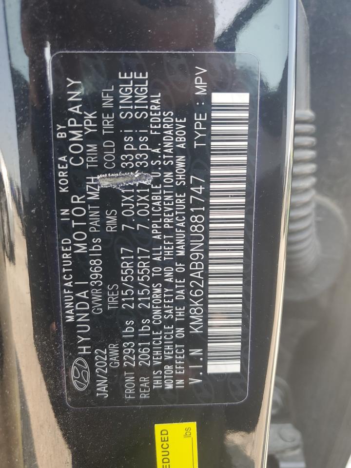 2022 HYUNDAI KONA SEL VIN:KM8K62AB9NU881747