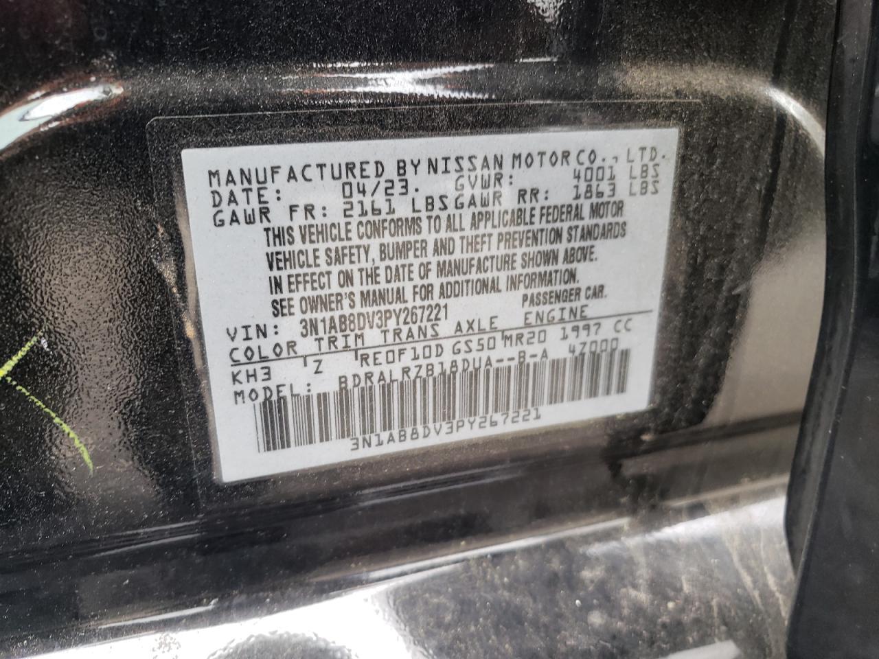 2023 NISSAN SENTRA SR VIN:3N1AB8DV3PY267221