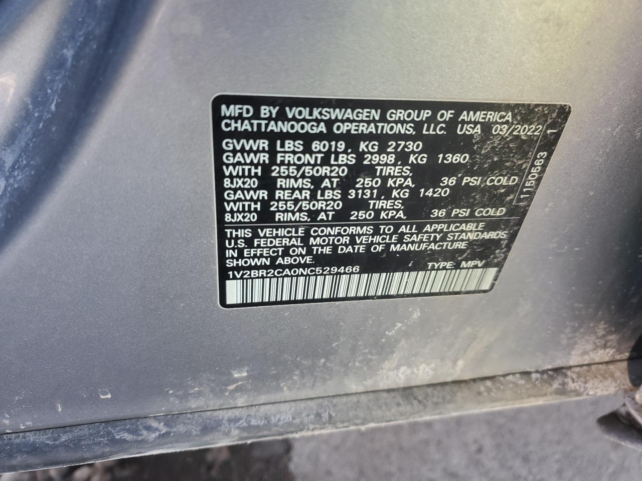 2022 VOLKSWAGEN ATLAS SEL VIN:1V2BR2CA0NC529466