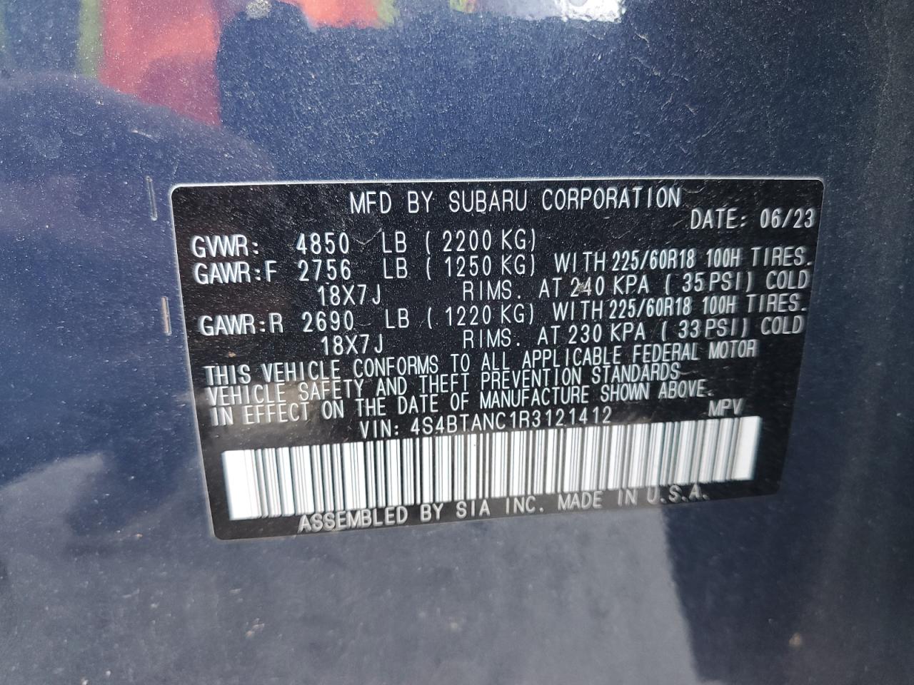 2024 SUBARU OUTBACK LIMITED VIN:4S4BTANC1R3121412