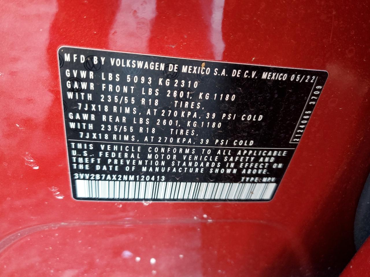 2022 VOLKSWAGEN TIGUAN SE VIN:3VV2B7AX2NM120413