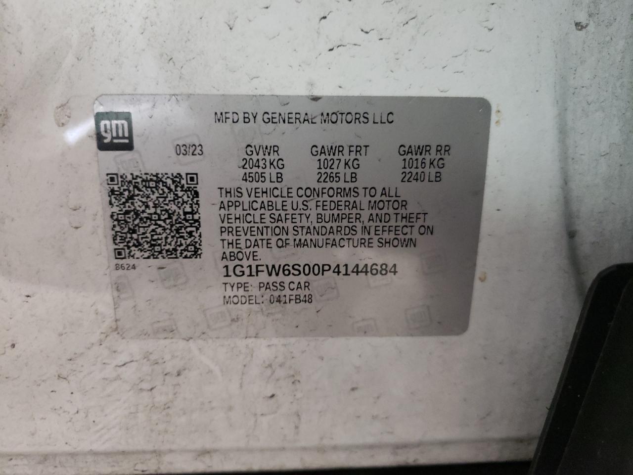 2023 CHEVROLET BOLT EV 1LT VIN:1G1FW6S00P4144684