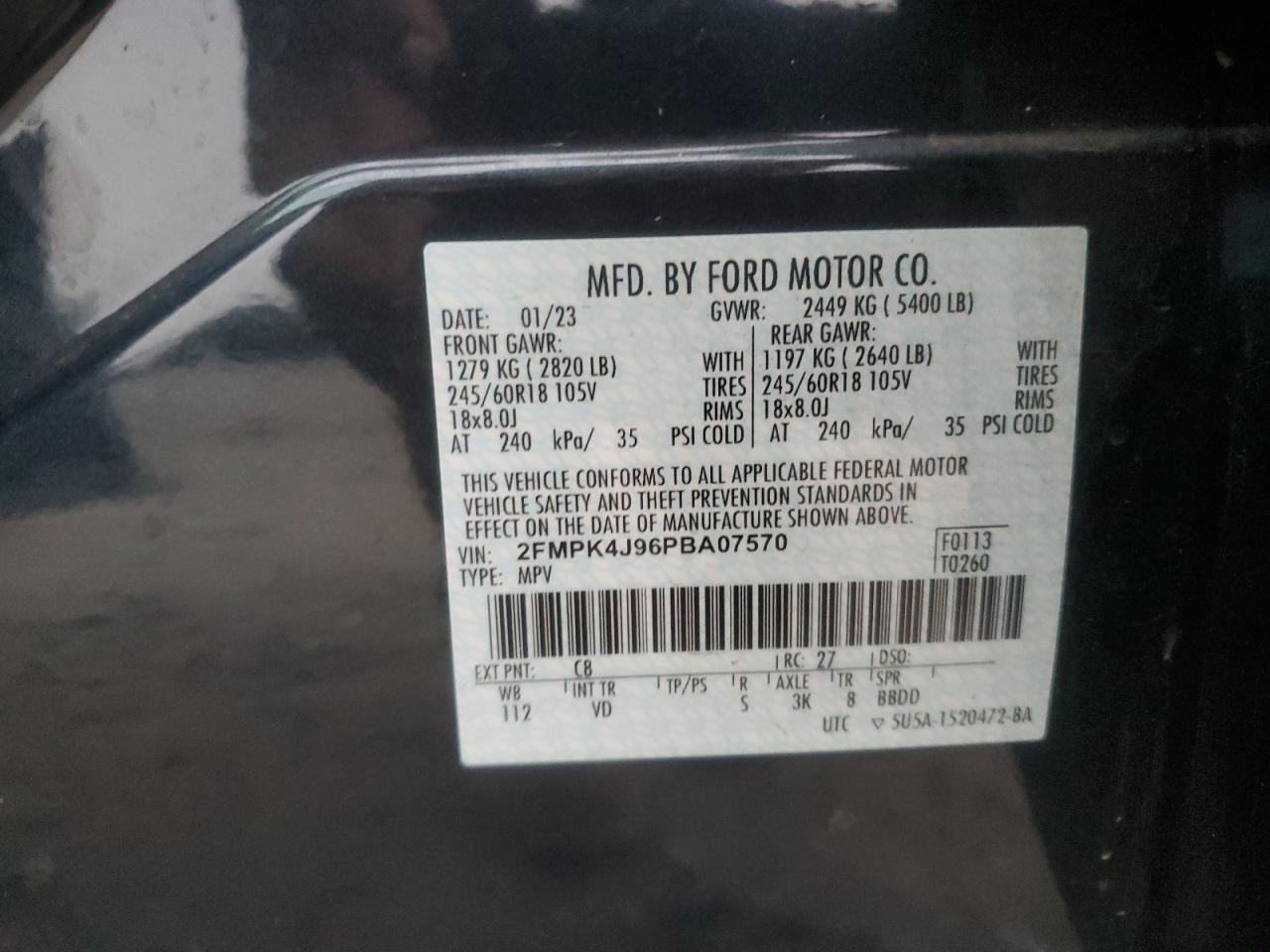 2023 FORD EDGE SEL VIN:2FMPK4J96PBA07570