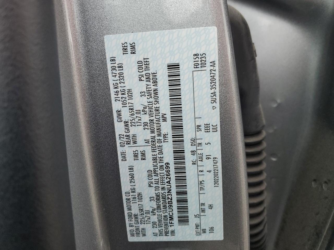 2022 FORD ESCAPE SE VIN:1FMCU9BZ3NUA26699