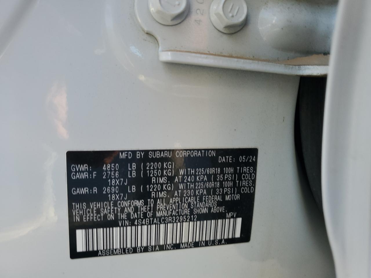 2024 SUBARU OUTBACK ONYX EDITION VIN:4S4BTALC3R3295212