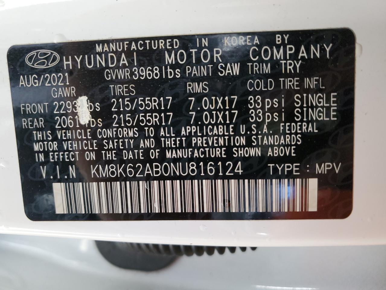 2022 HYUNDAI KONA SEL VIN:KM8K62AB0NU816124