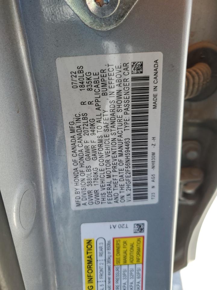 2022 HONDA CIVIC SPORT VIN:2HGFE2F56NH594463