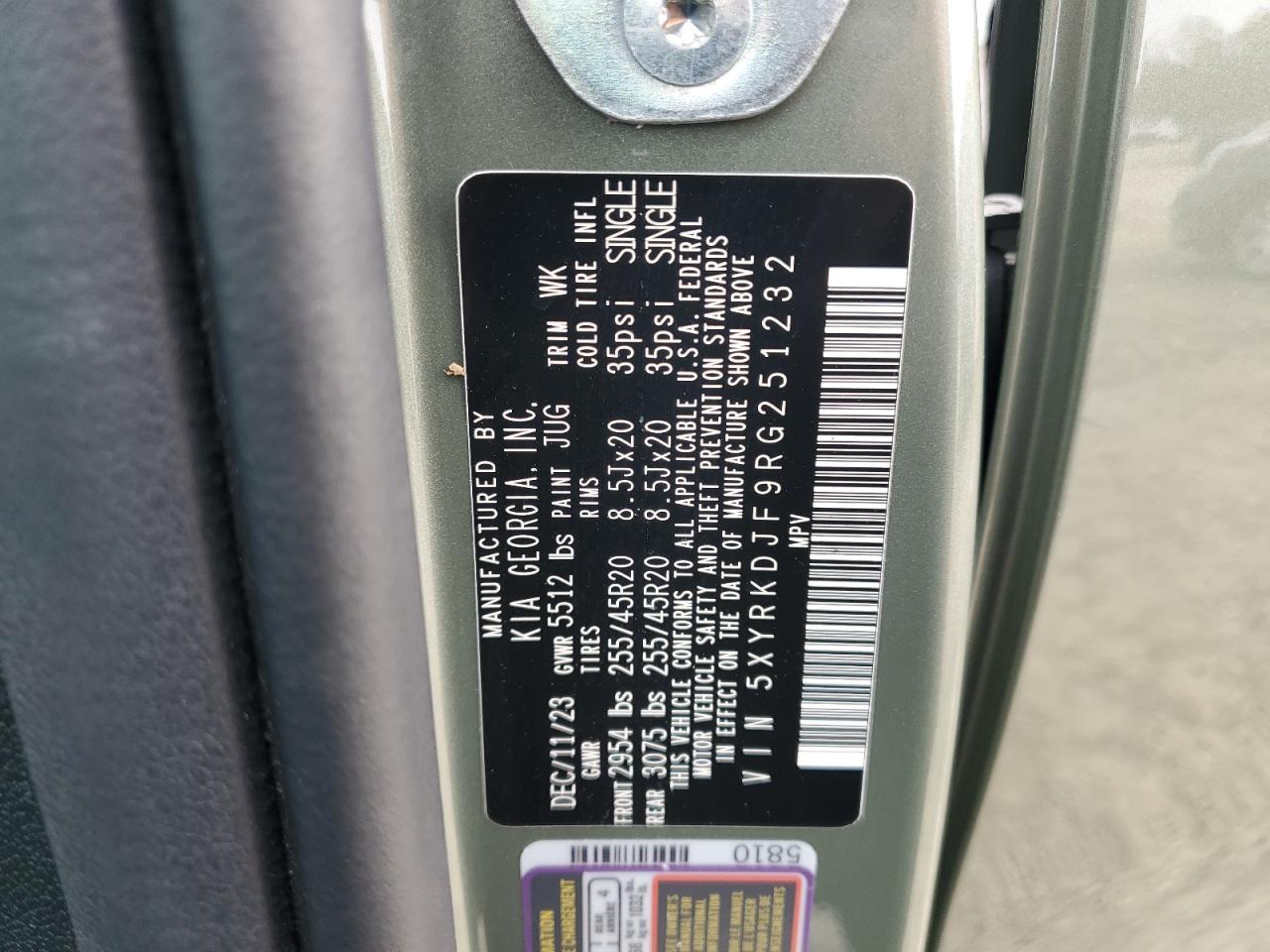 2024 KIA SORENTO SX VIN:5XYRKDJF9RG251232