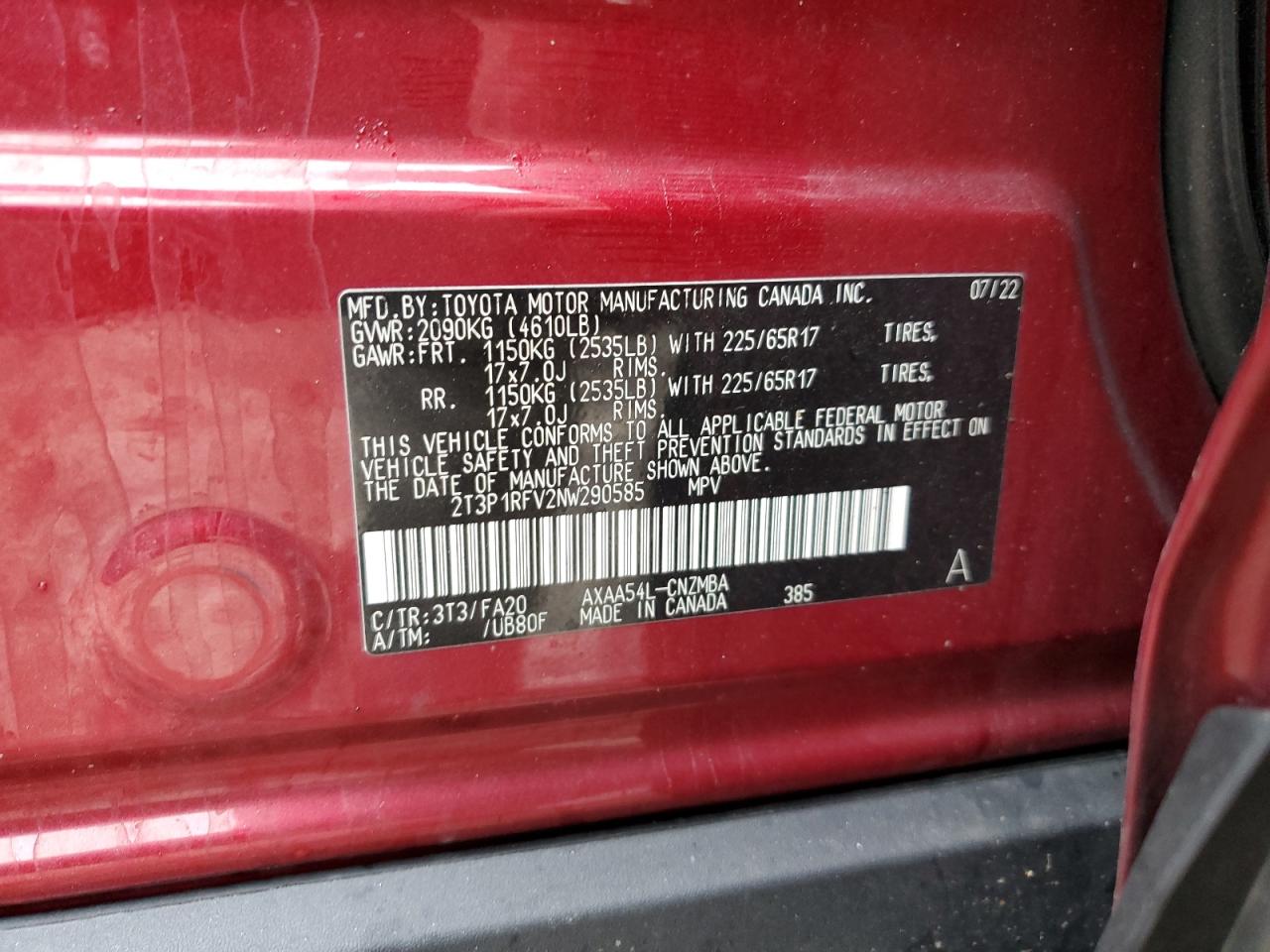 2022 TOYOTA RAV4 XLE VIN:2T3P1RFV2NW290585